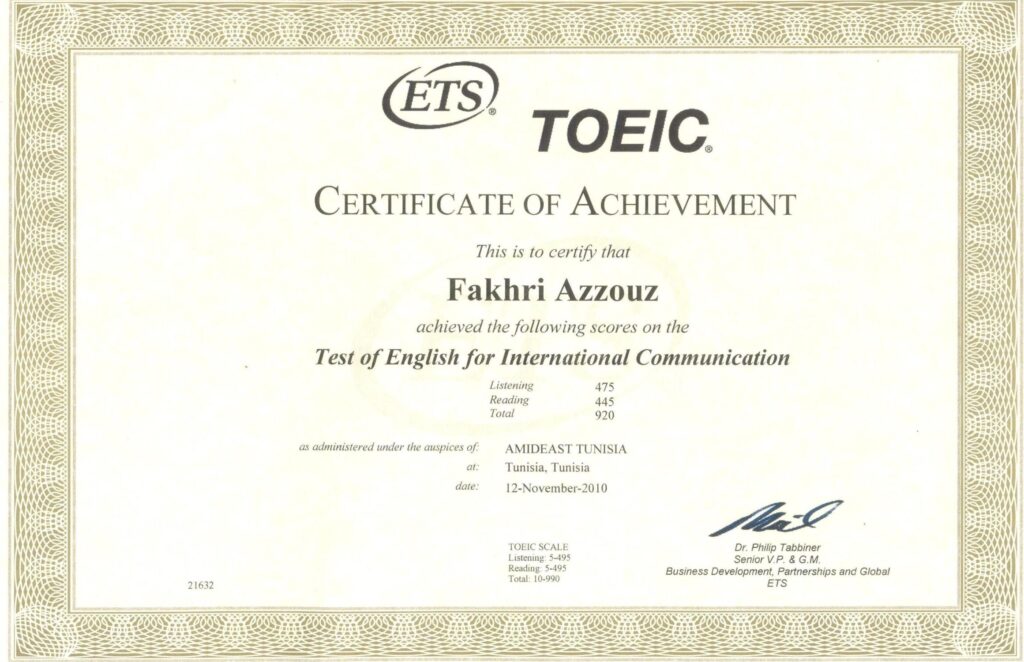 920 out of 990 for the TOEIC Exam.