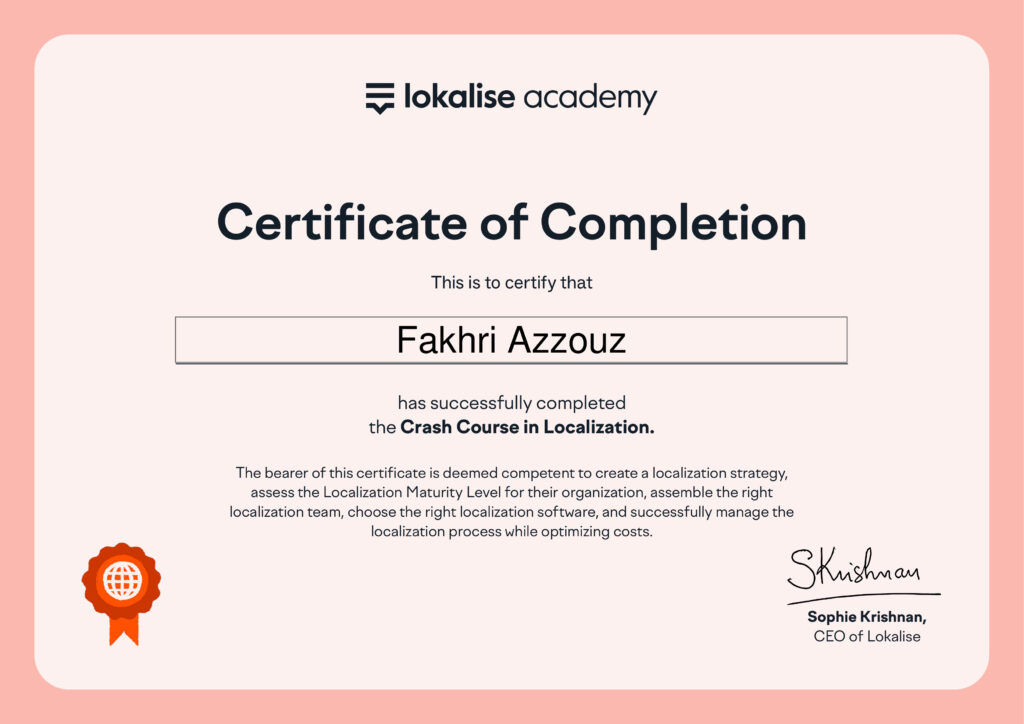 Certificate crash course in localization for Fakhri Azzouz