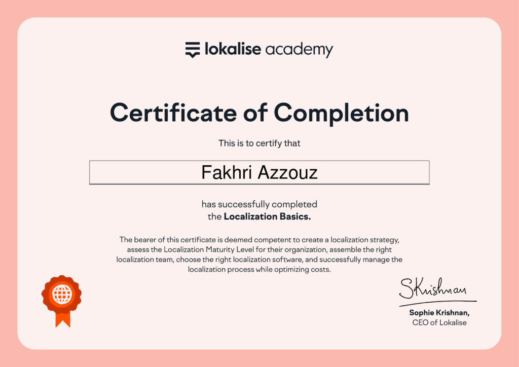 Certificate in localization basics for Fakhri Azzouz